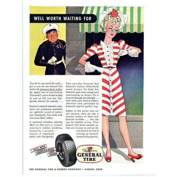 1943 Print Ad General Tire & Rubber Akron Pretty Woman Worth Waiting For WWII! - Picture 1 of 9